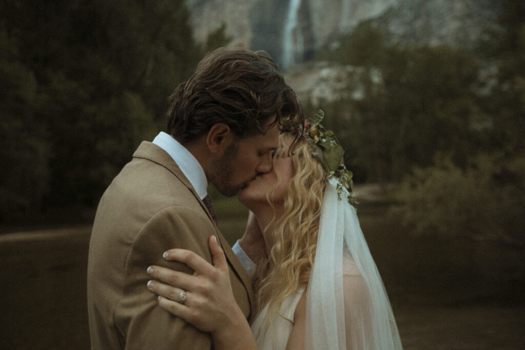First Kiss during an Elopement in Yosemite Valley
