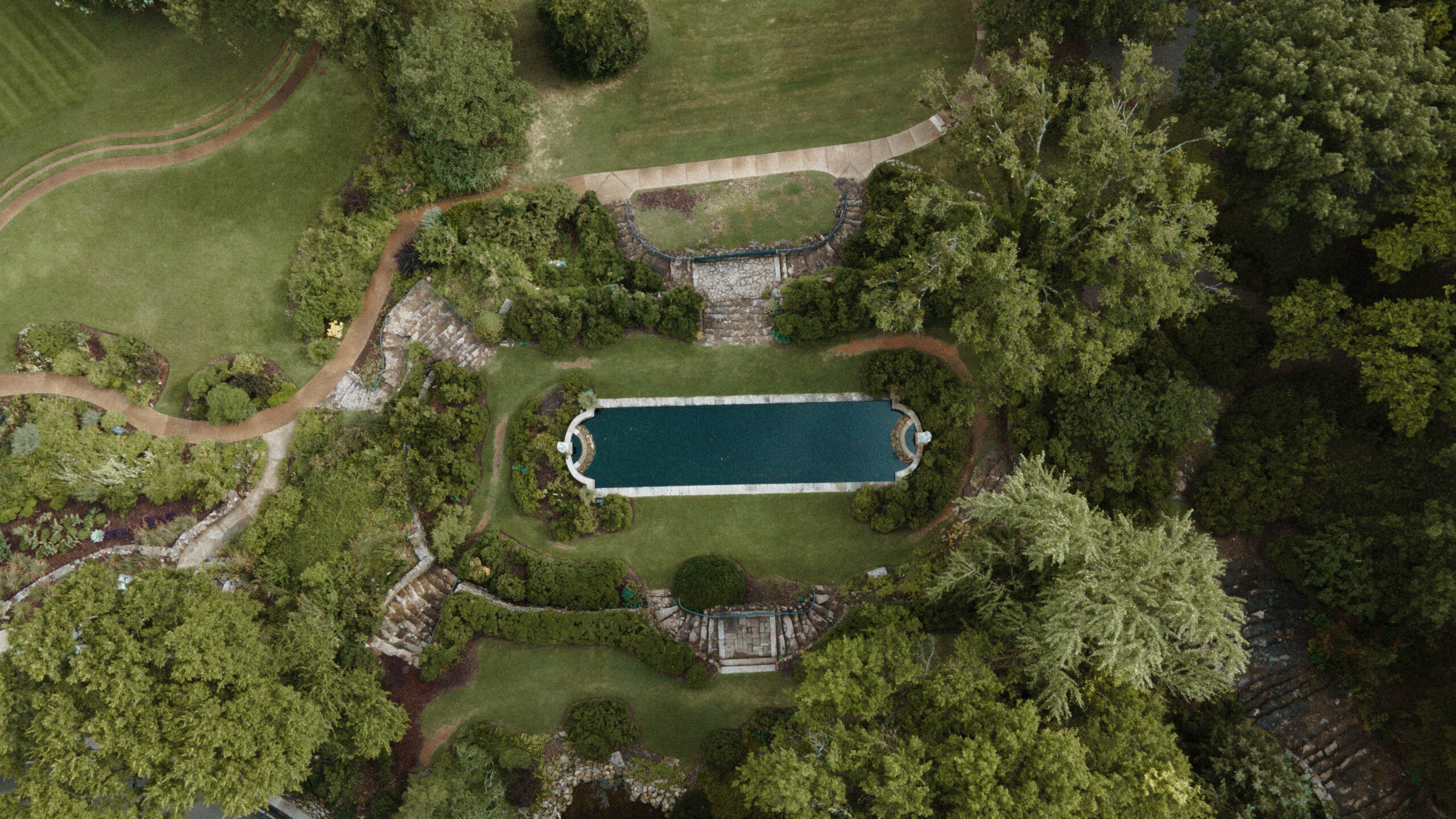A drone shot of a pool and trees