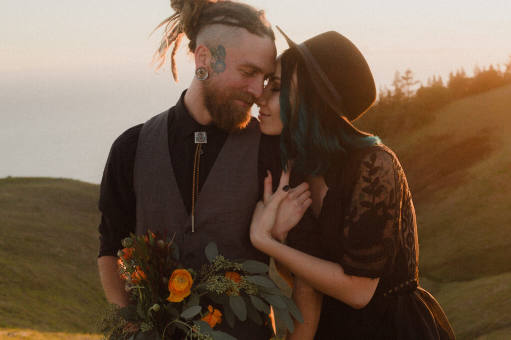 Couples and engagement photography during golden hour. Couple looking at each other